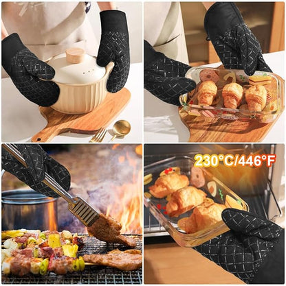 AUAUY Oven Mitts and Pot Holders 4PCS Set, 230°C/446°F Heat Resistant BBQ Gloves, Extra Thicken Long Cotton Oven Mittens, Silicone Stripes Non-Slip Kitchen Mittens for Cooking Baking Grilling - Image 6