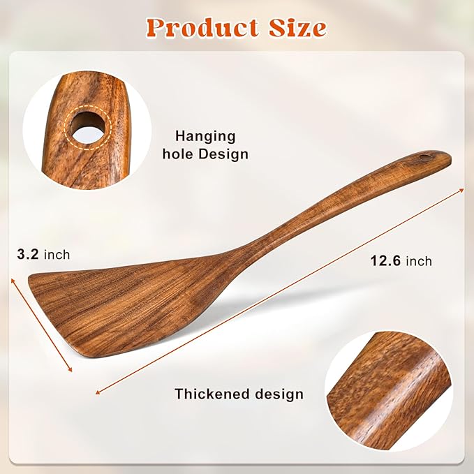 Wooden Spatula for Cooking, Acacia Wood Flat Frying Spatulas, Long Handle Spatula Turner for Non Stick Pans, Non-Scratch, Wooden Kitchen Utensils for Cooking, Frying, Baking - Image 4
