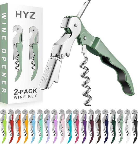 HYZ 2-Pack Wine Opener Waiter Corkscrew, Professional Wine Key for Servers, Bartender with Foil Cutter, Manual Wine Bottle Opener Double Hinged (Army Green) by HYZ