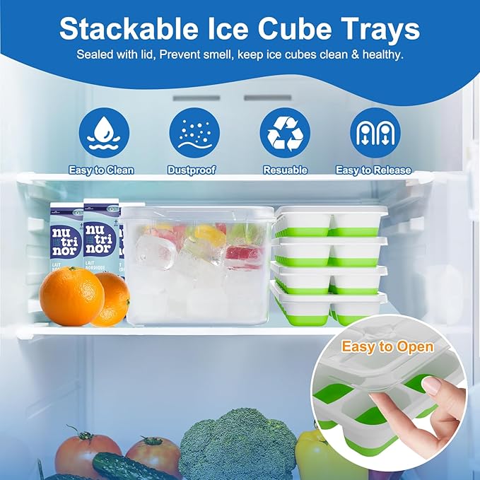 Ice Cube Tray, Ice Cube Trays for Freezer 4 Pack with Lid and Bin, Ice Tray Easy-Release, Ice Trays for Freezer Stackable, Silicone Ice Cube Tray for Drinks, Coffee - BPA-Free and Odor-Free - Image 2