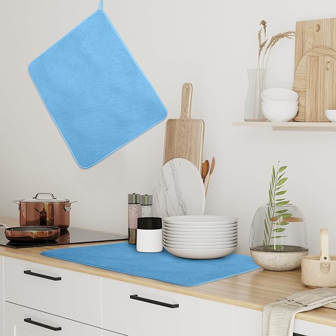Hushee 2 Pack Extra Large Dish Drying Mat Microfiber Absorbent Dish Drying Pad Large Size Dishes Drainer Mats for Countertop, Sink, Refrigerator or Dryer (30 x 24 Inch,Blue) - Image 4