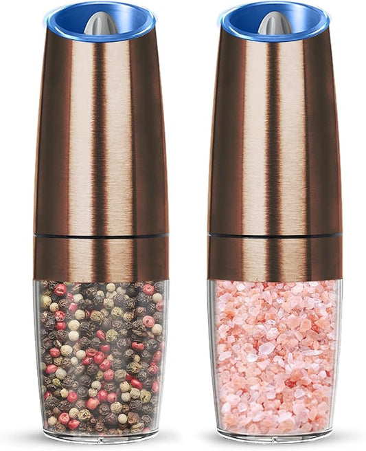 Gravity Electric Salt And Pepper Grinder Set, Automatic Salt And Pepper Grinder Set, Battery Powered (6 AAA Batteries Each), Adjustable Roughness, LED Light, 2 Pack, (Copper) by KIARYUOLL