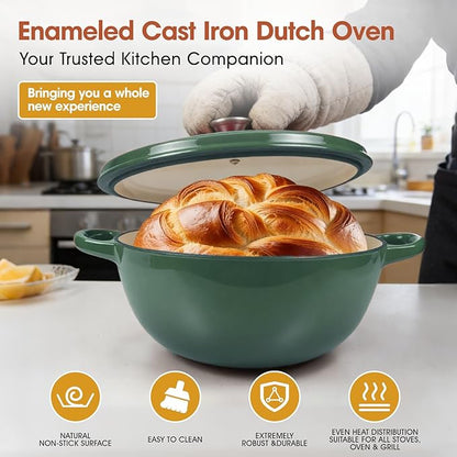 5QT Enameled Cast Iron Dutch Oven for Bread & Multi-Cooking – Complete Sourdough Starter Kit with Lid ,Probe Thermometer, Proofing Basket, Silicone Sling & Gift Packaging Bags,Oven Safe up to 500°F(Green)