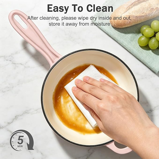 Enameled Cast Iron Sauce Pan, 2 Quart Enameled Saucepan with Lid, Small Cast Iron Pot for All Cooktops Making Pasta Sauce, Gravy, Puddings, Marinate, Boiling (Gradient Pink)