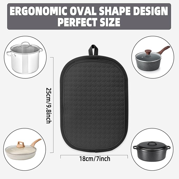 Hovico 2PCS Silicone Pot Holders, Oven Mitts Heat Resistant Hot Pads with Pockets, Non Slip Pot Holder for Kitchen Baking and Cooking| 9.8 x 7 Inches | Towel Cloth Interior Lining - Black - Image 2
