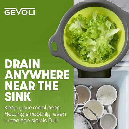 Gevoli Large Collapsible Colander with Self Draining Base - 5Qt Side Drain Food Strainer for Edge of Kitchen Sink (Patent Pending) Green (2 Piece Set) - Image 5