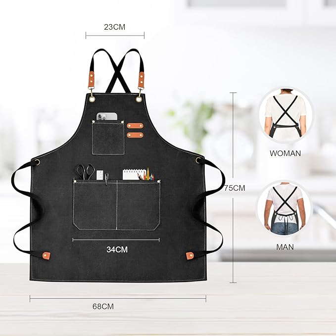 OUNLEN Chef Apron for Men Women Canvas Aprons with 3 Pockets Cross Back Resistant Work Apron for Cooking - Image 2
