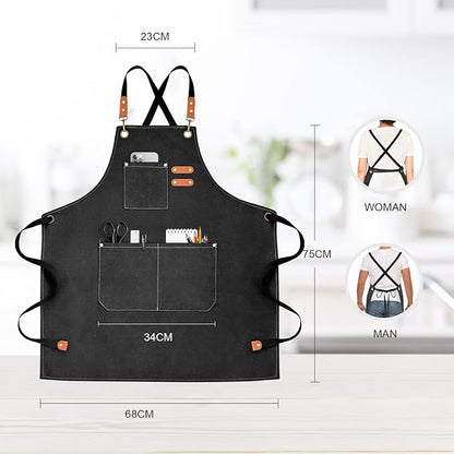 OUNLEN Chef Apron for Men Women Canvas Aprons with 3 Pockets Cross Back Resistant Work Apron for Cooking - Image 2