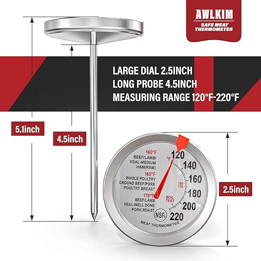 AWLKIM 2 Pack Analog Probe Meat Thermometer, NSF Certified, No Battery Needed, 2.5-in Extra-Large Dial, 120-220°F Read Range, Oven Safe up to 500°F, Bimetallic Stem for Cooking, Roasting, Turkey - Image 5