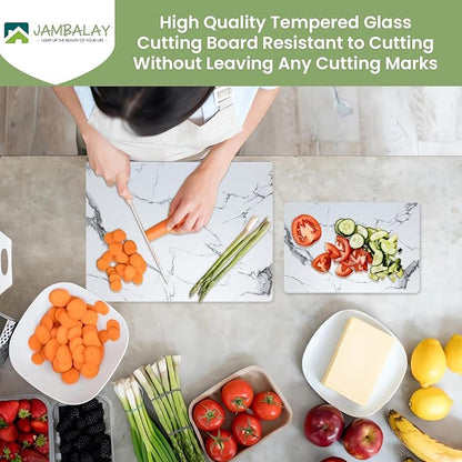 JAMBALAY Tempered Glass Cutting Boards for Kitchen, White 12"x8" & 16"x12" Glass Cutting Board Set with Marble Design, With Non Slip Foot, Shatter and Heat Resistant, Dishwasher Safe