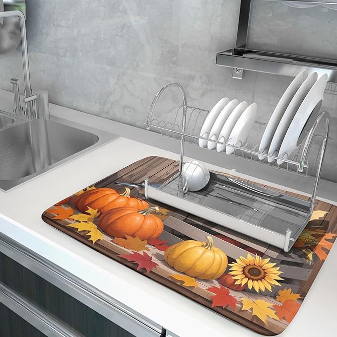 Fall Thanksgiving Dish Drying Mat for Kitchen Counter 18x24 Pumpkin Sunflower Bird Autumn Harvest Theme Absorbent Reversible Microfiber Drying Mats Kitchen Countertop Protector Dishes Drainer Pad - Image 5