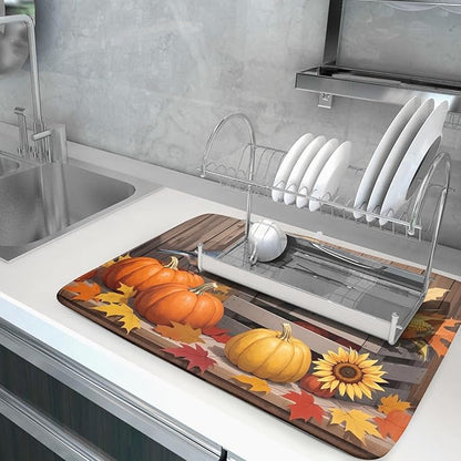 Fall Thanksgiving Dish Drying Mat for Kitchen Counter 18x24 Pumpkin Sunflower Bird Autumn Harvest Theme Absorbent Reversible Microfiber Drying Mats Kitchen Countertop Protector Dishes Drainer Pad - Image 5