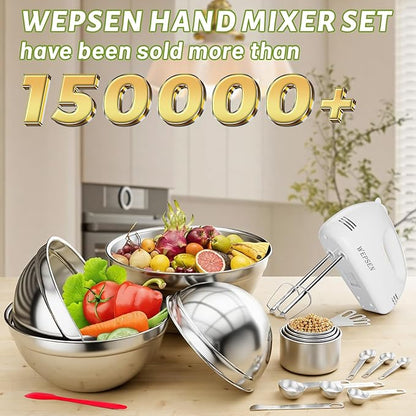 5-Speed Electric Hand Mixer, 4 Large Mixing Bowls Set, Handheld Mixers with Whisks Beater, Stainless Steel Metal Nesting Bowl Measuring Cups Spoons Kitchen Cake Blender for Baking Supplies - Image 2