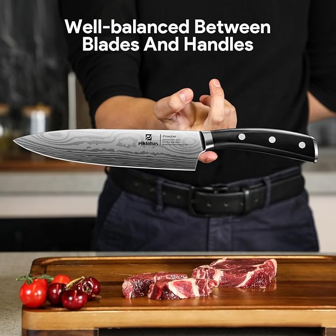 Piklohas Knife Sets for Kitchen with Block, 17 Pieces with Magnetic Knife Holder, German High Carbon Stainless Steel Damascus Pattern Chef Knife Set