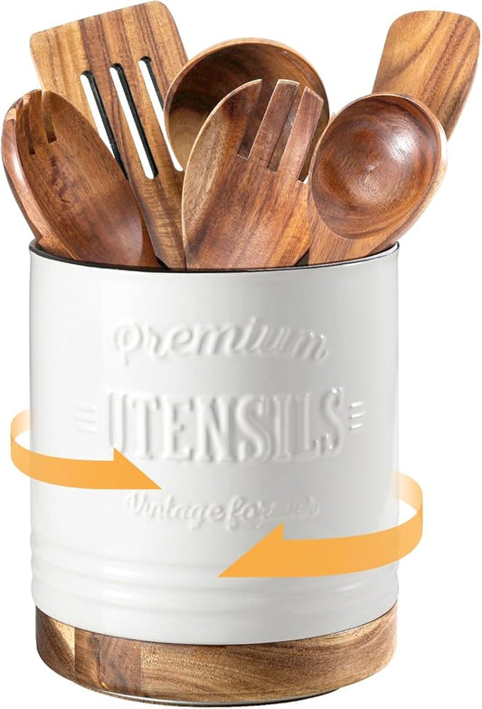 DOWAN 360° Rotating Extra Large Cooking Utensil Holder, 7.6" Kitchen Utensil Holder for Countertop, Utensil Crock for Farmhouse Kitchen Decor, Ceramic Stable Utensil Caddy, White Text by DOWAN