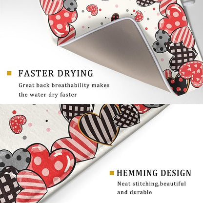 Red Heart Dish Drying Mat 18"x24" Love Dots Microfiber Dish Drainer Rack Mat Holiday Absorbent Fast Dry Pad for Kitchen Counter Home Decor