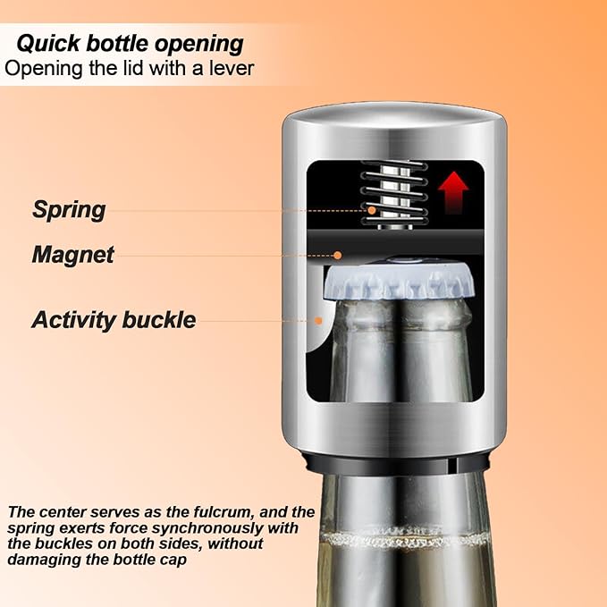 Automatic Beer Bottle Opener with Magnetic Cap Catcher, Stainless Steel One Handed Lid Opening Spring Loaded Push&Pop for Kitchen Home Bar Restaurant Household Utensils Beer Accessories Gift