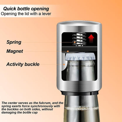 Automatic Beer Bottle Opener with Magnetic Cap Catcher, Stainless Steel One Handed Lid Opening Spring Loaded Push&Pop for Kitchen Home Bar Restaurant Household Utensils Beer Accessories Gift