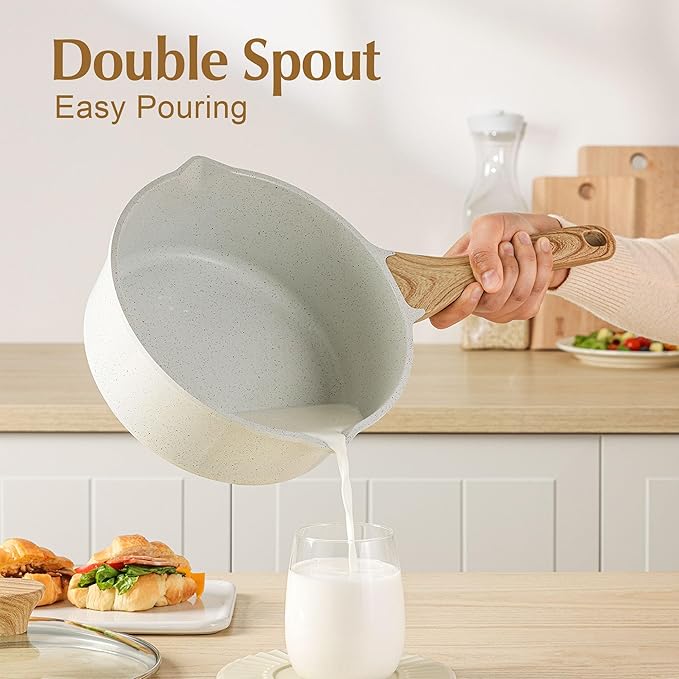 SENSARTE White Ceramic Nonstick Saucepan with Double Spout 3.0 Quarts, Cooking Pot with Stay Cool Handle, Induction Compatible Saucepot, White Granite Coating, Free of Intentionally Added PFOA/PFAS - Image 2
