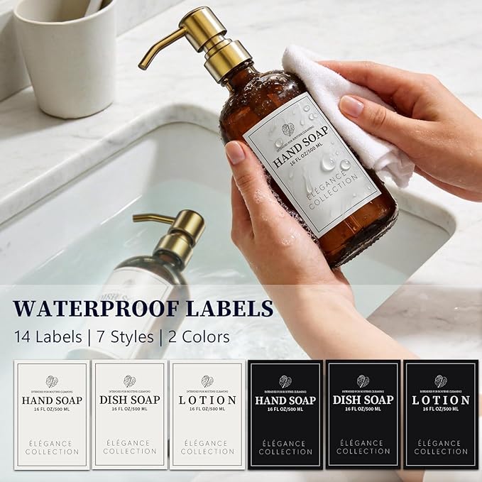 Amber Glass Soap Dispenser Set of 2, 16oz Hand and Dish Soap Dispenser for Kitchen & Bathroom, Gold Stainless Steel Pump, Non-Slip Base, 14 Waterproof Labels, Organic Decor - Image 3
