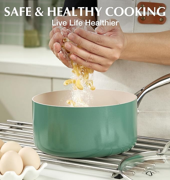 KOCH SYSTEME CS Nonstick Sauce Pan with Lid 1QT, 2QT & 3QT, Ceramic Saucepan Set 6Pcs, Non-Toxic Saucepan Set, Cooking Pots Set, Oven Safe & Induction Compatible, Green - Image 3