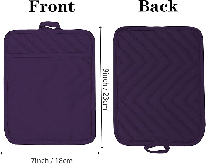Oven Pot Holder with Pocket Cotton Heat Resistant Coaster Potholder Kitchen Hot Pad Oven Mitts for Cooking Square 7"x9"Set of 5 (Purple) - Image 2