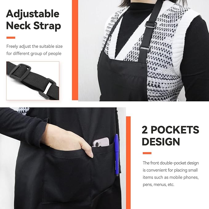 NLUS 2 Pack Kitchen Cooking Aprons, Adjustable Bib Soft Chef Apron with 2 Pockets for Men Women (Black,2) - Image 4