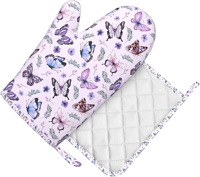 Butterflies Oven Mitts and Pot Holders Set, Cute Kitchen Accessories Heat Resistant to 500°F, Non-Slip Silicone Grips for Baking, Cooking, Grilling, BBQ - Gift Idea