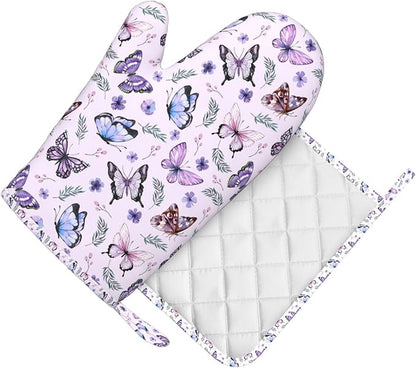 Butterflies Oven Mitts and Pot Holders Set, Cute Kitchen Accessories Heat Resistant to 500°F, Non-Slip Silicone Grips for Baking, Cooking, Grilling, BBQ - Gift Idea