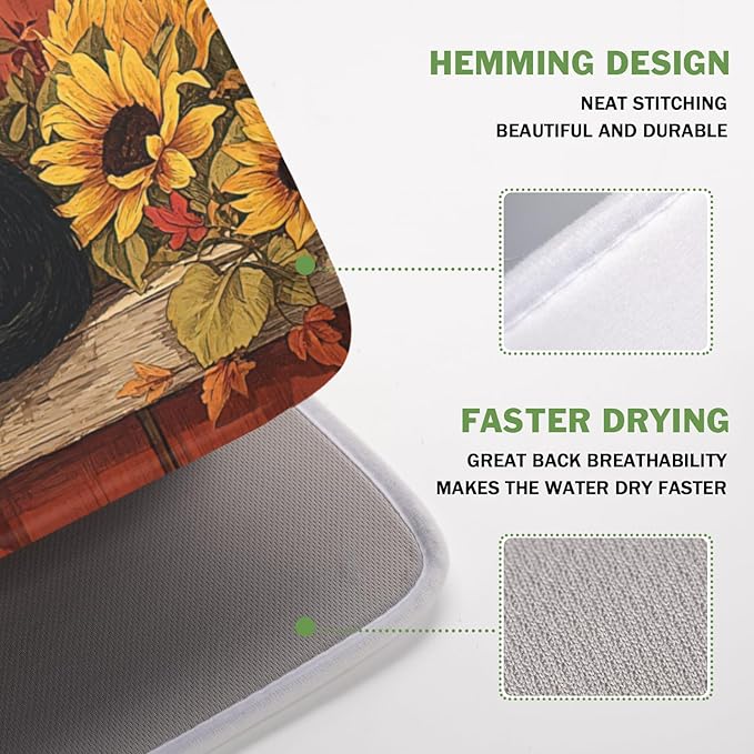 Fall Dish Drying Mat for Kitchen Counter Vintage Autumn Cat Sunflower Pumpkin Microfiber Dish Drainer Mat Rustic Farmhouse Absorbent Washable Drying Pad Extra Large 16"x18"