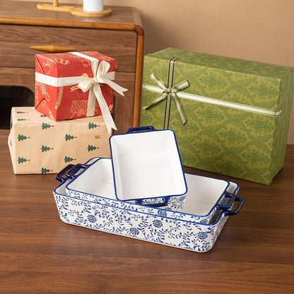 Ceramic Bakeware Set - Casserole Dish Baking Dishes for Oven - Rectangular Lasagna Pans with Handles for Kitchen Cooking - Microwave & Dishwasher Safe - Set of 3 (15.1''/13.6''/9.9'') - Blue - Image 8