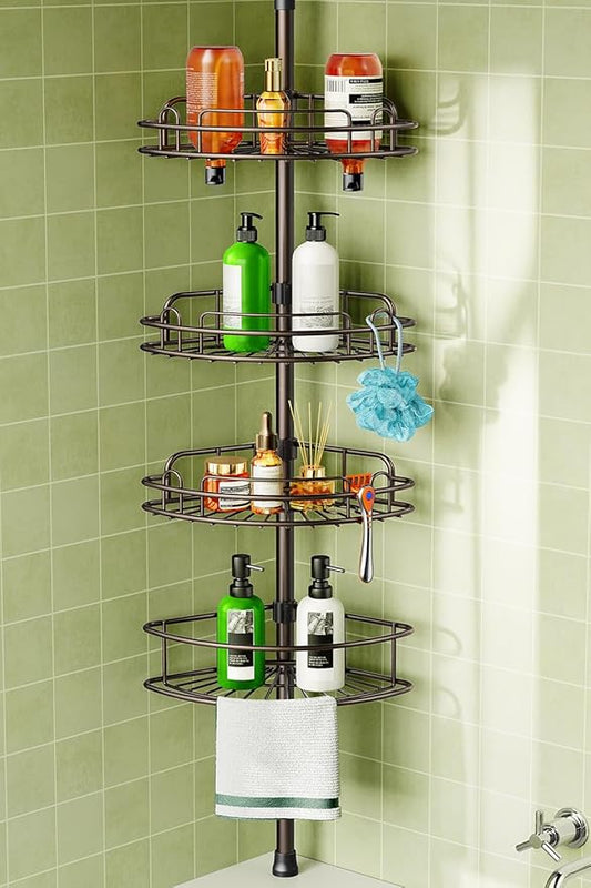 HAMITOR Corner Shower Caddy Tension Pole: 4-Tier Rust-Resistant Adjustable Bathroom Organizer Shelves - 47-121 Inch No-Drill Quick Installation - Space-Saving Storage for Renters Families - Bronze by HAMITOR