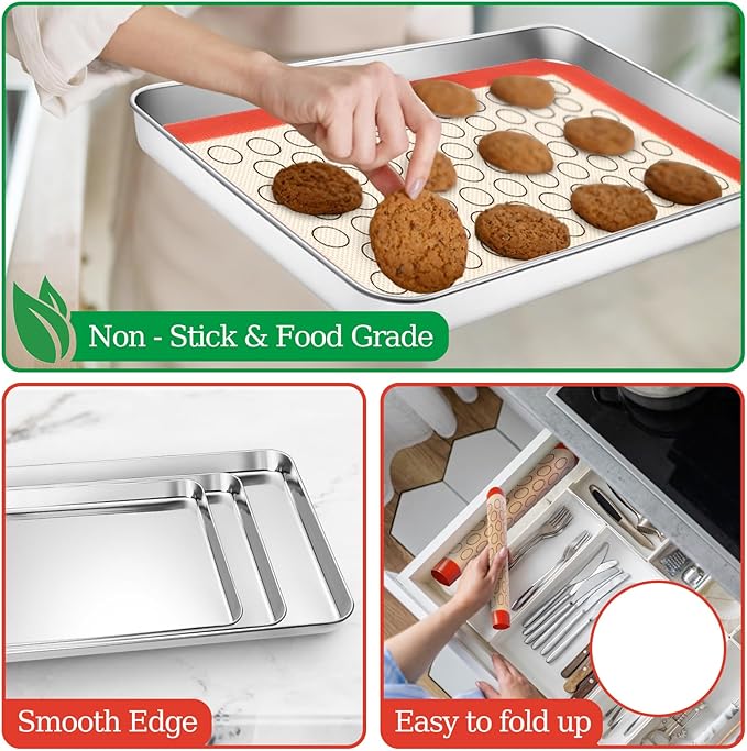Baking Sheet with Silicone Baking Mat Set,CEKEE Stainless Steel Baking Sheet Pan Tray, Cookie Sheets for Baking, 6PCS Baking Supplies Bakeware Sets for Oven Making Cookies, Macaroons, Bread - Image 5
