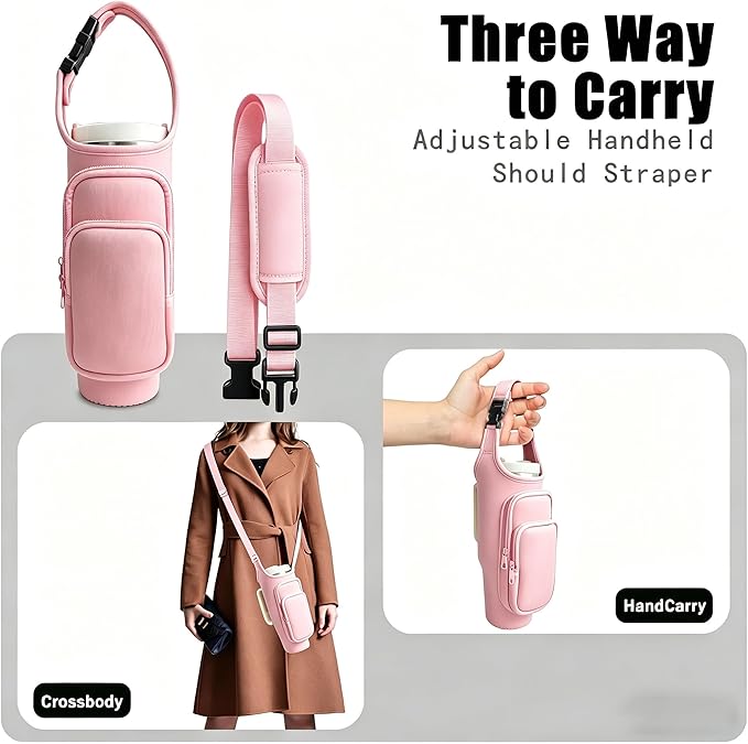 40oz Stainless Steel Double Vacuum Tumbler with Handle, Straw Lid, Carrier Bag, Purse Pouch Phone Pocket, Gym Water Bottle Travel Mug and Sleeve Holder for Men Women (Pink Rose)