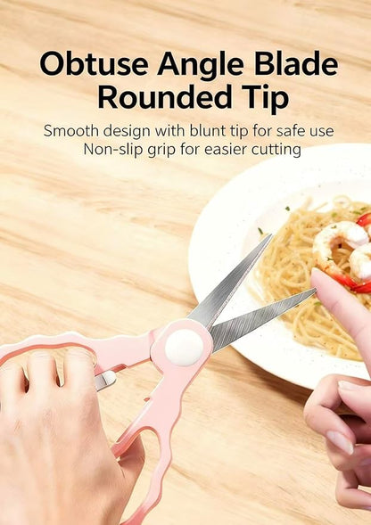 Baby Food Scissors with Travel Case, Portable Stainless Steel Shears with Safety Lock, Dishwasher Safe, Kitchen Scissors, Healthy Food Cutter with Dust Cover, Pink