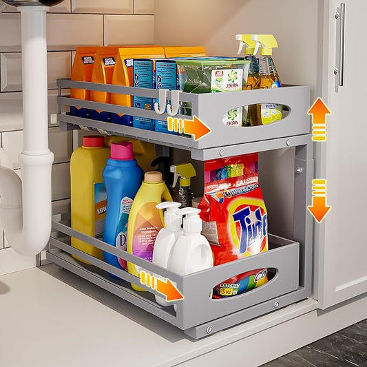 Under Sink Organizer, 2 Tier Under Sink Organizers and Storage, Adjustable Height, Slide out Metal Cabinet Organizers, Pull out Cabinet Storage Drawer Shelf for Kitchen Bathroom (Gray, 1 Pack) by MIXESHOP