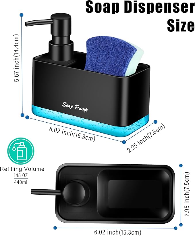 Dish Soap Dispenser with Sponge Holder, 2-in-1 Countertop Small Soap Dispenser for Kitchen and Bathroom, Multi-Scene for Dish Soap, Hand Soap, Lotion, Body Wash (Black) - Image 4