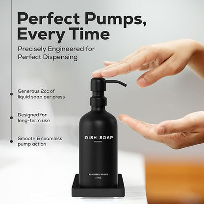 Black Glass Hand and Dish Soap Dispenser Set by Brighter Barns - Kitchen Soap Dispenser Set with Tray for Home, Airbnb, Vacation Rental, Gift - Minimalist Home Decor, Modern Kitchen Decor (Black) - Image 4