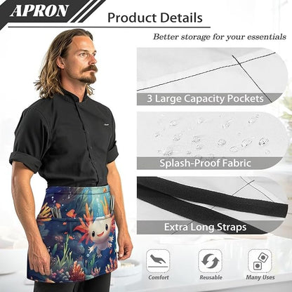 Server Apron with 3 Pockets, Waterproof Oil Waitress Waiter Half Apron for Restaurant Hotel Kitchen Cafe
