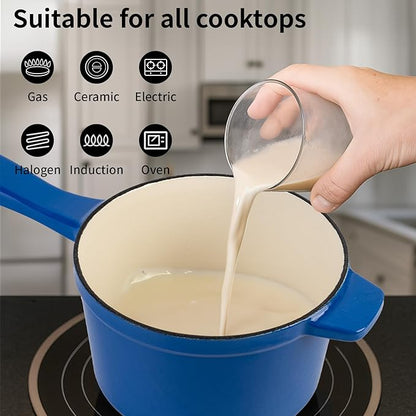 Enameled Cast Iron Sauce Pan with Lid, 1.7 Quart Saucepan with Lid, Small Dutch Oven Pot, Suitable for Small Portions of Soup, Sauces, Oatmeal, Blue