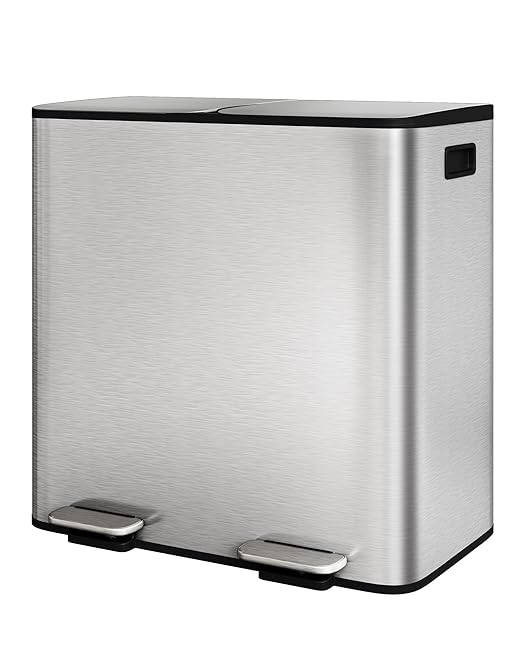 GarveeHome 2 x 10.6 gal Stainless Steel Double Trash Can with Lid for Kitchen, Large Dual Trash and Recycle Bin Combo, Step-on Kitchen Metal Garbage Cans, PP Inner Buckets, Liner Rim, Silver by GarveeHome