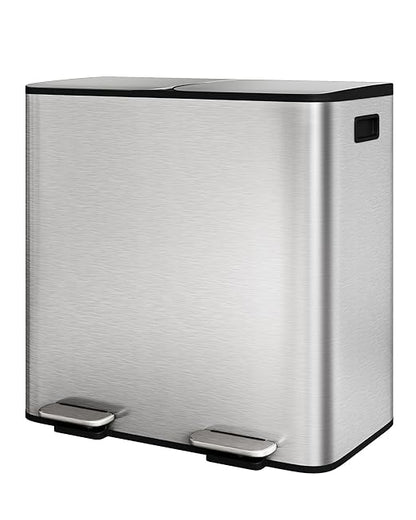GarveeHome 2 x 10.6 gal Stainless Steel Double Trash Can with Lid for Kitchen, Large Dual Trash and Recycle Bin Combo, Step-on Kitchen Metal Garbage Cans, PP Inner Buckets, Liner Rim, Silver by GarveeHome