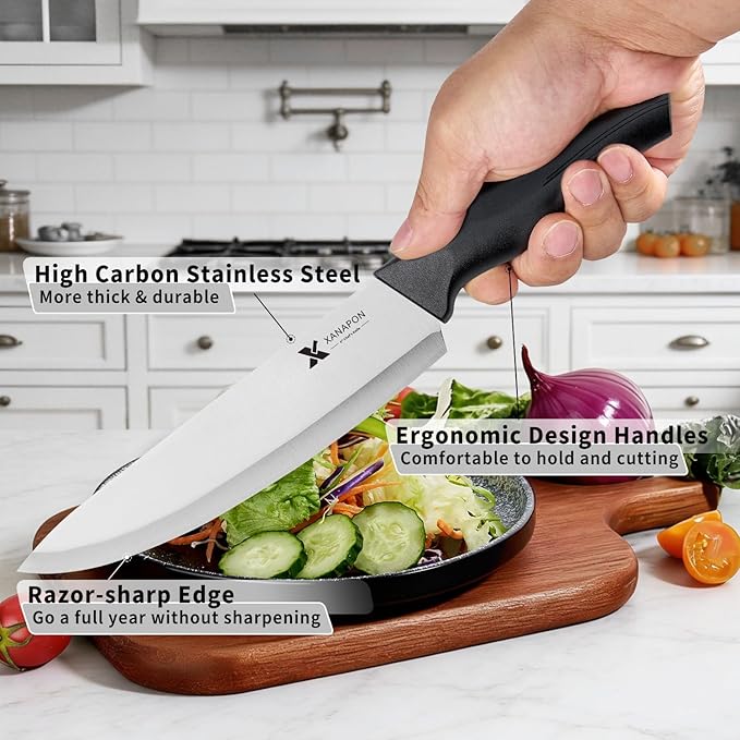 14 Pieces Kitchen Knife Set with Block, German Stainless Steel, BlackSilver - Image 3