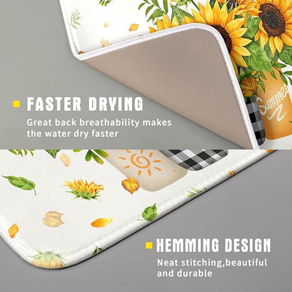 Giwawa Sunflower Vases Dish Drying Mat for Countertop, 16"x18" Summer Bee Floral Mason Jar Dish Drainer Mats, Fast Dry Microfiber Reversible Small Dish Drying Pad Kitchen Decoration