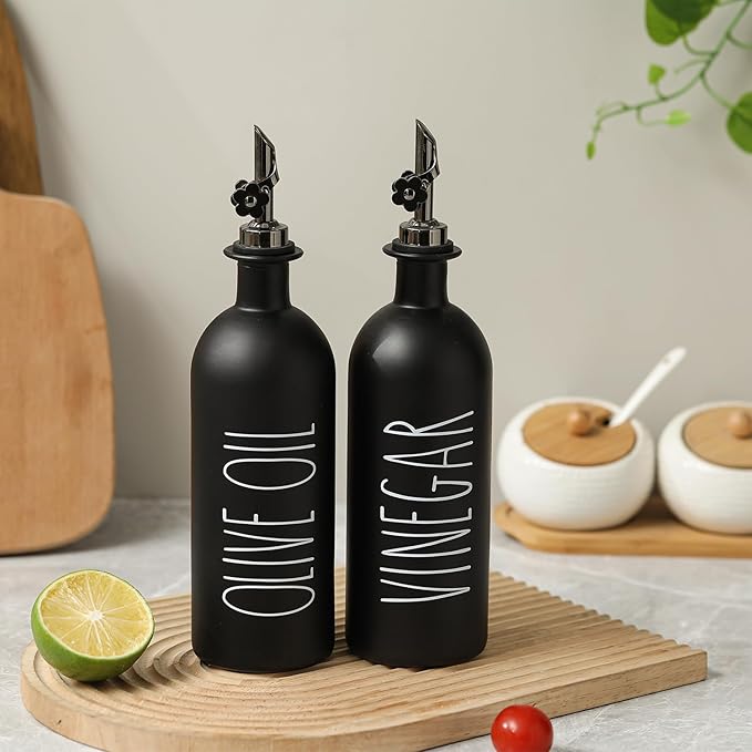 HOMCDALY 16oz Olive Oil Dispenser Bottles for Kitchen, Glass Black Oil&Vinegar Dispenser Set, Kitchen Olive Oil Bottles with Bamboo Tray| Set of 2 (16oz-P-Black) - Image 6