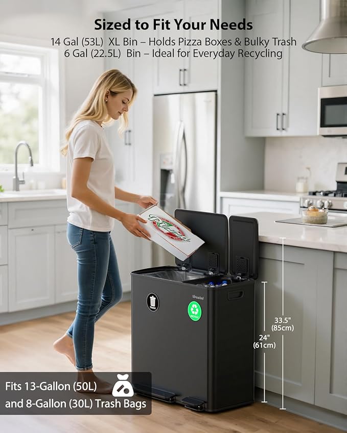Lovewind Dual Trash Can, 14 + 6 Gallon Garbage Can for Kitchen Dual Compartment Recycling Kitchen Step Trash Bin, Stainless Steel Trash and Recycle Bin Combo with Soft-Close Lid, Black - Image 2