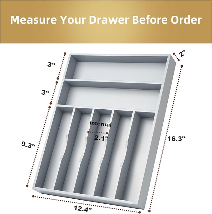 Besilord Silverware Organizer 13 Inch Gray Bamboo Kitchen Drawer Organizer 7 Slots Utensil Organizer Silverware Holder Cutlery Organizer Flatware Tray (Large) - Image 2