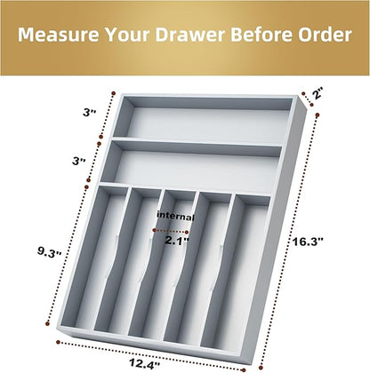 Besilord Silverware Organizer 13 Inch Gray Bamboo Kitchen Drawer Organizer 7 Slots Utensil Organizer Silverware Holder Cutlery Organizer Flatware Tray (Large) - Image 2