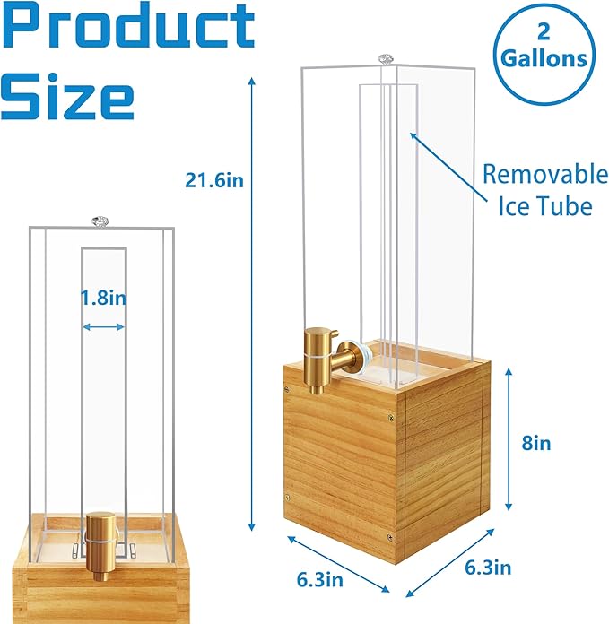 2 Gallon Large Drink Dispenser, Drink Dispenser with Wood Stand, Drink Dispensers for Parties with Ice Core, Beverage Dispenser with Airtight Valve for Water, Punch, Juice - Image 3