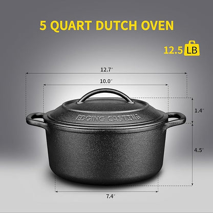 Pre-Seasoned Cast Iron Dutch Oven Pot with Lid Dual Handle, Sourdough Bread Baking Pots, Bread Oven, Camping, Grill, Induction, Electric, Round 5 Quart, Black